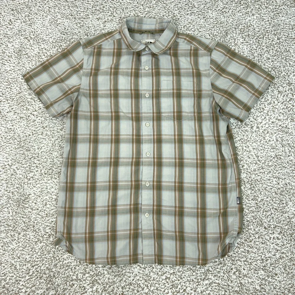 The North Face Shirt Mens Medium Gray Green Plaid Short Sleeve Button Up Outdoor
